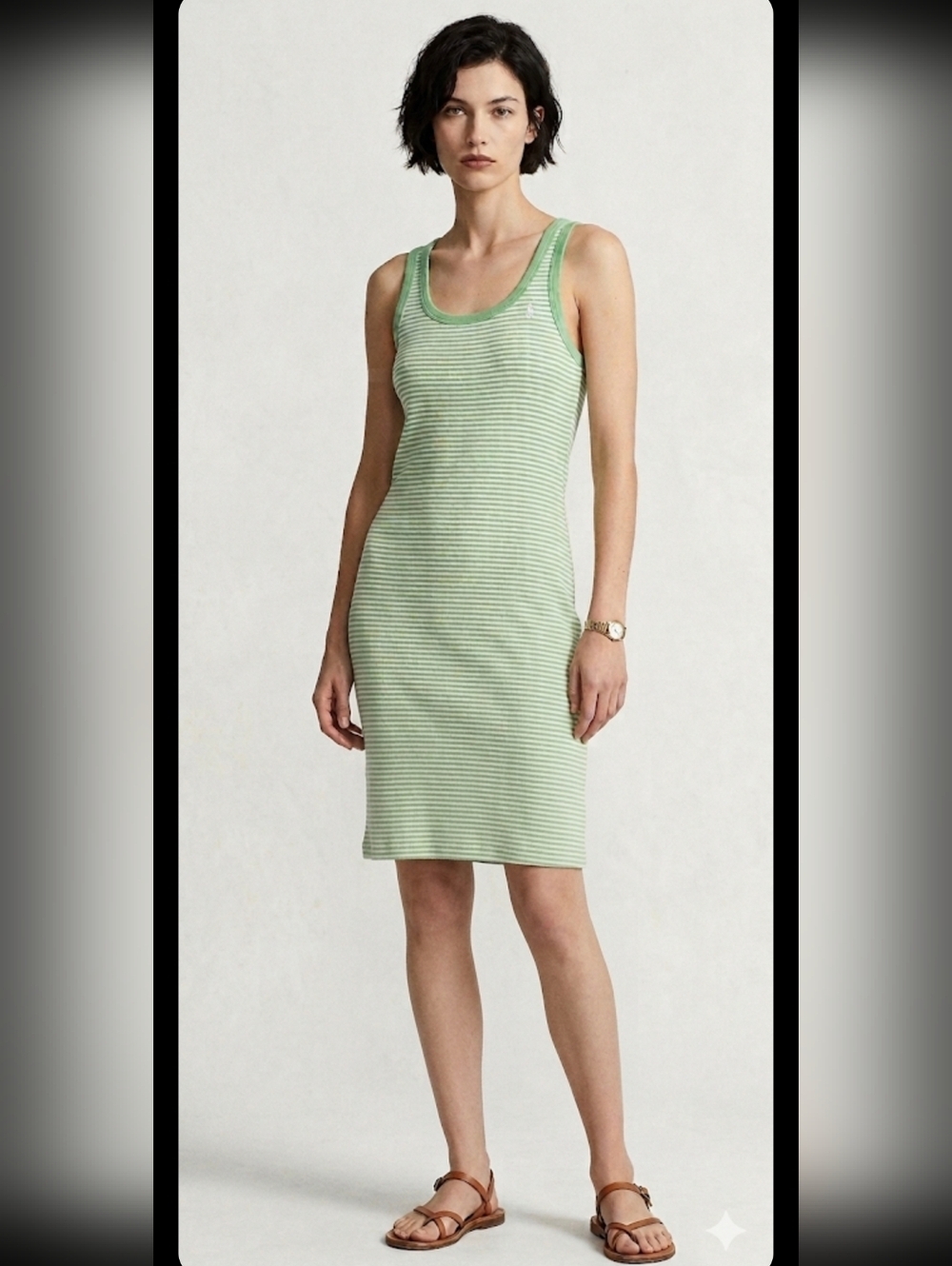 Vintage Ralph Lauren Lime Green and White Striped Midi Tank Dress Pony Size Lg